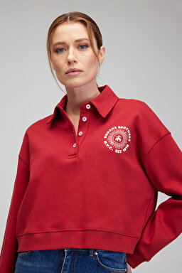 Gömlek Yaka Pamuklu Sweatshirt - Kırmızı