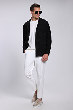 Slim Fit Dar Kesim Mono Yaka Cepli Süet Ceket - Siyah (görsel 3)