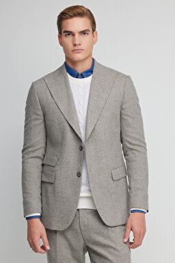 Yünlü Slim Fit Sivri Yaka Desenli Ceket - Bej Ekoseli