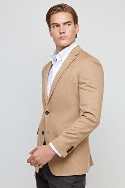 %100 Kaşmir Regular Fit Mono Yaka Ceket - Camel (görsel 3)