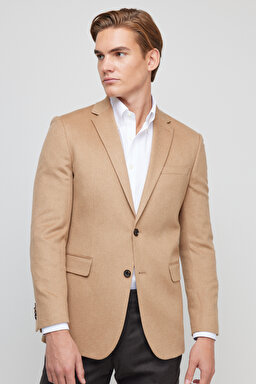 %100 Kaşmir Regular Fit Mono Yaka Ceket - Camel (görsel 4)
