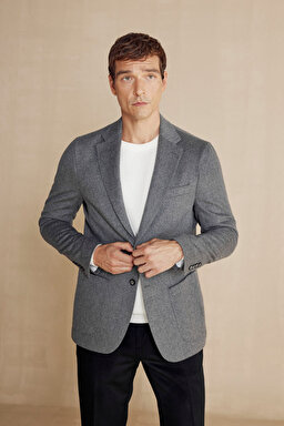 %100 Kaşmir Slim Fit Mono Yaka Ceket - Gri (görsel 2)