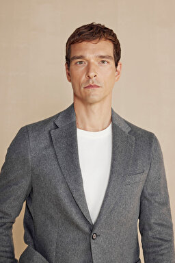 %100 Kaşmir Slim Fit Mono Yaka Ceket - Gri (görsel 4)