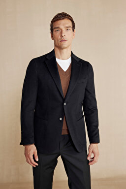 %100 Kaşmir Slim Fit Mono Yaka Ceket - Siyah