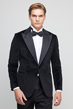 %100 Pamuk Slim Fit Sivri Yaka Ceket - Siyah