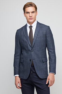 %100 Yün Slim Fit Mono Yaka Desenli Ceket - Mavi Ekoseli