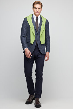 %100 Yün Slim Fit Mono Yaka Desenli Ceket - Mavi Ekoseli (görsel 2)