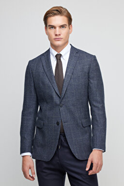 %100 Yün Slim Fit Mono Yaka Desenli Ceket - Mavi Ekoseli (görsel 3)