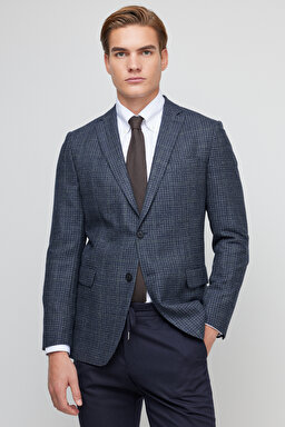 %100 Yün Slim Fit Mono Yaka Desenli Ceket - Mavi Ekoseli (görsel 4)