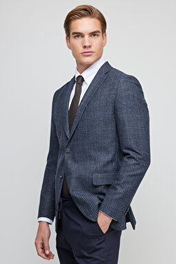%100 Yün Slim Fit Mono Yaka Desenli Ceket - Mavi Ekoseli (görsel 5)
