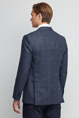 %100 Yün Slim Fit Mono Yaka Desenli Ceket - Mavi Ekoseli (görsel 6)