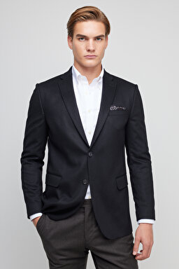 Yün Kaşmir Karışımlı Slim Fit Mono Yaka Ceket - Siyah