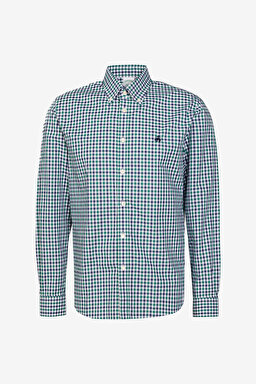 %100 Pamuk Slim Fit Düğmeli Yaka Desenli Gömlek - Yeşil Kareli