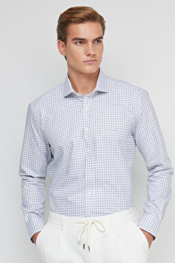 %100 Pamuk Slim Fit İtalyan Yaka Desenli Gömlek - Gri-Beyaz