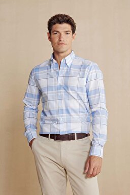 %100 Pamuk Slim Fit Klasik Yaka Desenli Gömlek - Açık Mavi-Beyaz