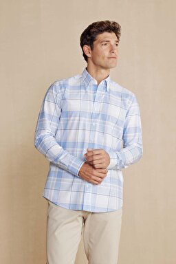 %100 Pamuk Slim Fit Klasik Yaka Desenli Gömlek - Açık Mavi-Beyaz (görsel 2)