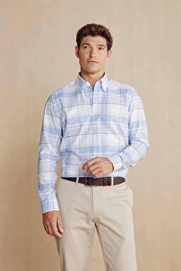%100 Pamuk Slim Fit Klasik Yaka Desenli Gömlek - Açık Mavi-Beyaz (görsel 4)