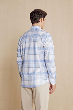 %100 Pamuk Slim Fit Klasik Yaka Desenli Gömlek - Açık Mavi-Beyaz (görsel 6)