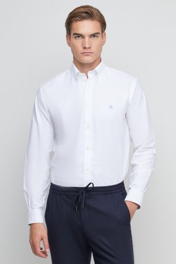 %100 Pamuk Slim Fit Düğmeli Yaka Gömlek - Beyaz