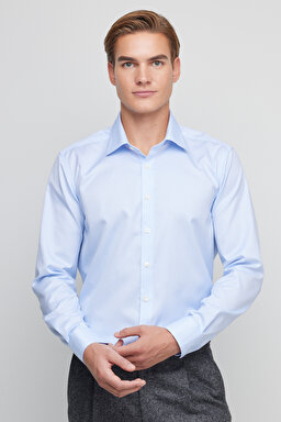 %100 Pamuk Slim Fit İtalyan Yaka Gömlek - Mavi (görsel 2)