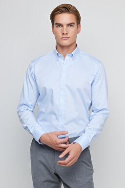 %100 Pamuk Slim Fit Klasik Yaka Desenli Gömlek - Beyaz-Mavi (görsel 2)