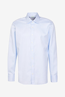 %100 Pamuk Slim Fit Klasik Yaka Desenli Gömlek - Beyaz-Mavi (görsel 5)
