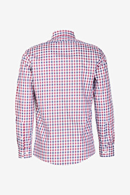 %100 Pamuk Slim Fit Düğeli Yaka Desenli Gömlek - Bordo Kareli (görsel 2)