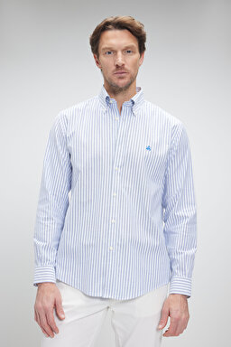 Pamuklu Regular Fit Non-Iron Gömlek - Mavi Çizgili