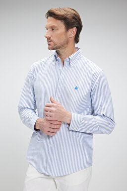 Pamuklu Regular Fit Non-Iron Gömlek - Mavi Çizgili (görsel 2)