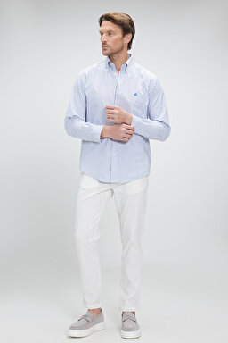 Pamuklu Regular Fit Non-Iron Gömlek - Mavi Çizgili (görsel 5)