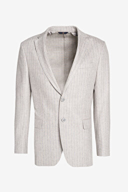 Yün Kaşmir Karışımlı Slim Fit Mono Yaka Takım Elbise - Bej Kareli