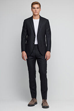 Yün Kaşmir Karışımlı Slim Fit Mono Yaka Takım Elbise - Siyah