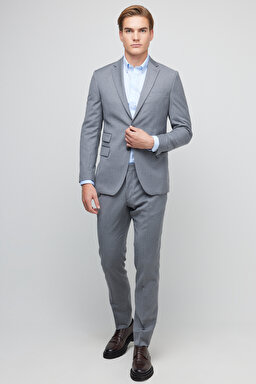 %100 Yün Slim Fit Mono Yaka Takım Elbise - Gri