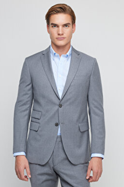 %100 Yün Slim Fit Mono Yaka Takım Elbise - Gri (görsel 2)