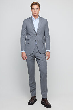 %100 Yün Slim Fit Mono Yaka Takım Elbise - Gri (görsel 3)