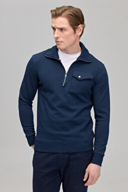 Fermuarlı Yaka Pamuklu Cepli Erkek Sweatshirt - Lacivert