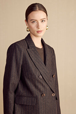 Kruvaze Çizgili Yün Karışımlı Blazer - Kahverengi-Camel (görsel 4)