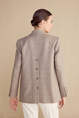 Düğme Detaylı Ekose Yün Kadın Blazer - Bej (görsel 6)