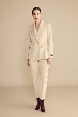 %100 Pamuk Mono Kapama Fitilli Kadife Blazer - Bej