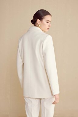 Sivri Yaka Oversize Yün Karışım Kadın Blazer - Ekru (görsel 5)