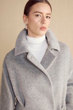 Beli Kuşaklı Alpaca Kaban - Gri Melanj (görsel 5)