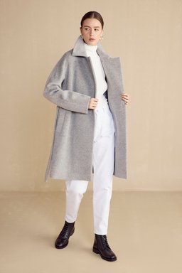 Beli Kuşaklı Alpaca Kaban - Gri Melanj (görsel 8)