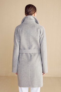 Beli Kuşaklı Alpaca Kaban - Gri Melanj (görsel 13)