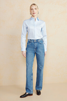 Metal Toka Detaylı Straight Fit Denim Pantolon - Mavi (görsel 2)