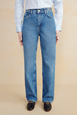 Metal Toka Detaylı Straight Fit Denim Pantolon - Mavi (görsel 3)