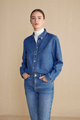 Logo Nakışlı Denim Kadın Gömlek - Lacivert