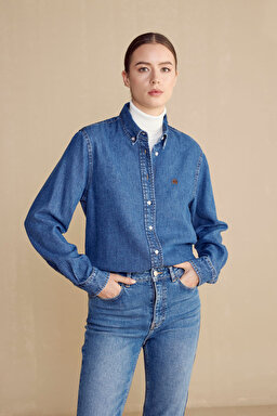 Logo Nakışlı Denim Kadın Gömlek - Lacivert (görsel 2)