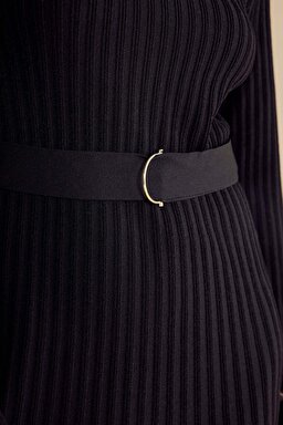 Dik Yaka Rayon Triko Elbise - Siyah (görsel 5)