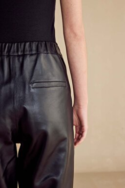 100% Deri Lastikli Kadın Pantolon - Siyah (görsel 6)