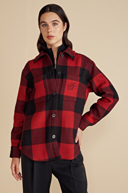 Yün Karışımlı Logo Nakışlı Ekoseli Yün Overshirt - kırmızı siyah ekoseli